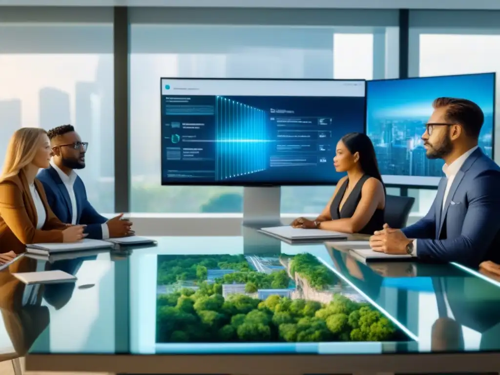 Profesionales innovadores en sesión de brainstorming Profesionales diversificados en una sesión de lluvia de ideas sobre Fondos de Inversión Inmobiliaria en oficina moderna y tecnológica