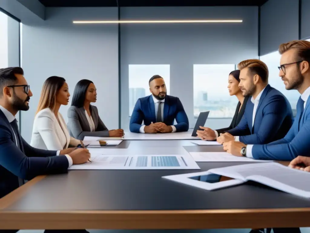Reunión de profesionales en oficina moderna: expertos en real estate Profesionales diversos resuelven conflictos legales en proyectos de restauración, colaborando en una oficina moderna