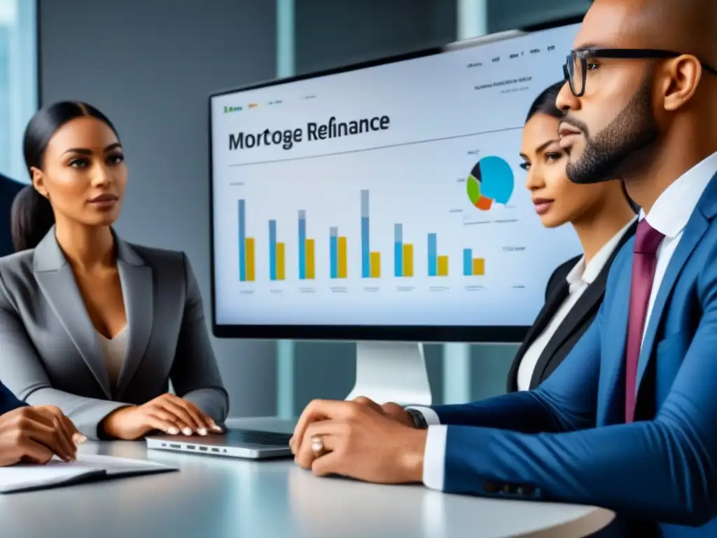 Expertos en refinanciamiento hipotecario: Oficina moderna y colaborativa Profesionales diversos enfocados en gráfico financiero sobre refinanciamiento sin estrés en la oficina moderna