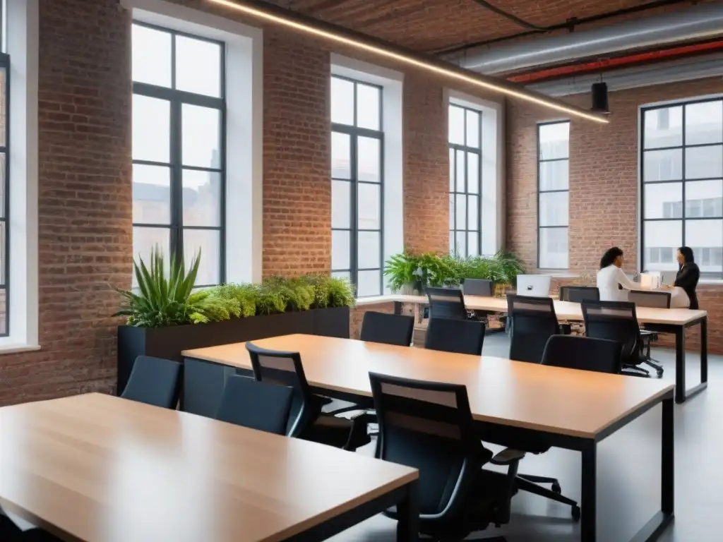 Espacio de coworking vibrante: profesionales colaborando en un ambiente moderno y diverso Profesionales diversos colaborando en un espacio de coworking moderno y sofisticado, con impacto del coworking en economía