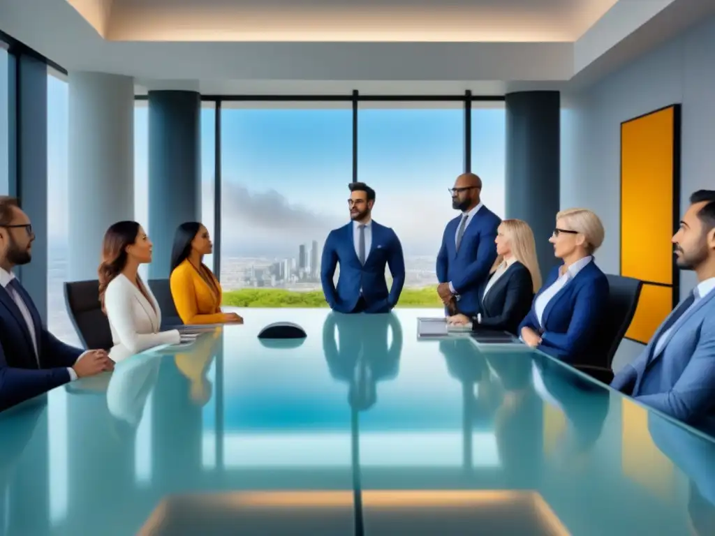 Profesionales diversos en reunión de negocios en oficina elegante Profesionales diversos en reunión en oficina moderna, representando colaboración y expertise en licencias inmobiliarias México
