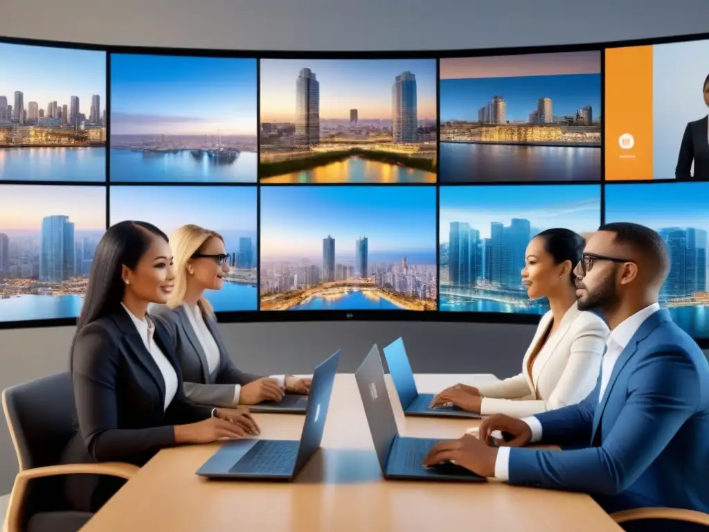 Profesionales diversificados en reunión virtual de bienes raíces Profesionales diversos en reunión virtual por redes sociales compra venta inmuebles