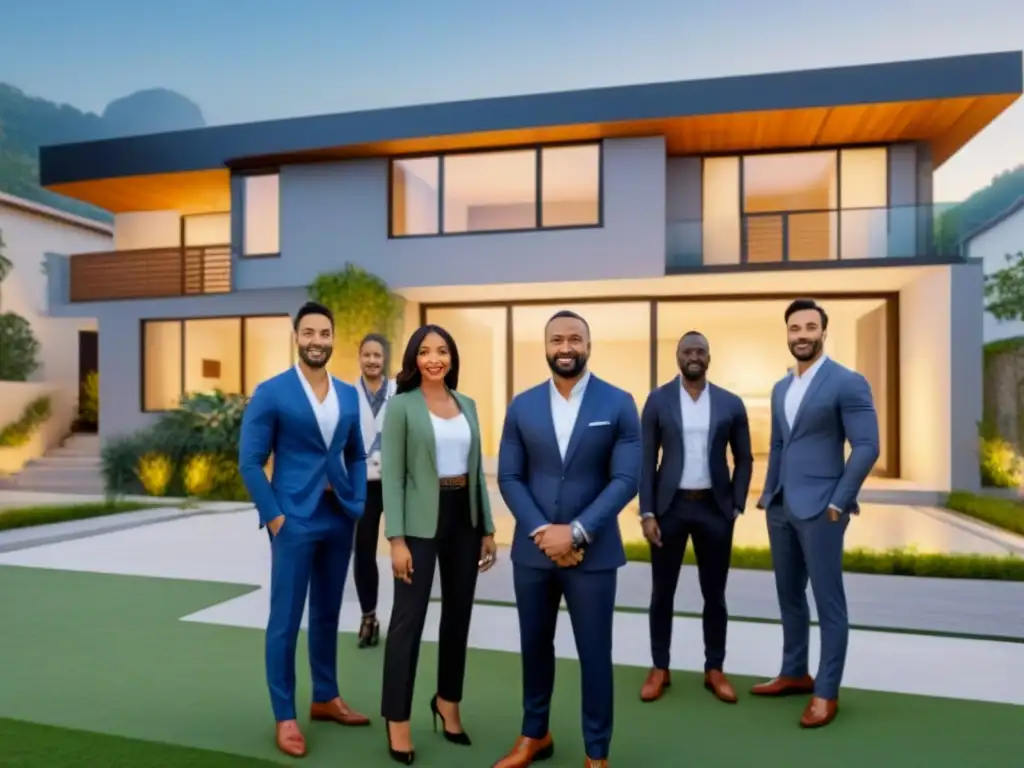 Profesionales diversos en acuerdos de propiedad inmobiliaria Profesionales diversos en traspaso de propiedades, simbolizando la complejidad de los derechos de propiedad en inmobiliaria