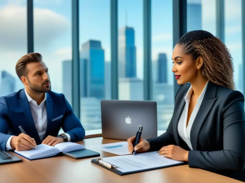 Profesionales diversificados discuten en oficina moderna Profesionales divers@s discuten sobre documentos legales y reportes financieros en una oficina moderna