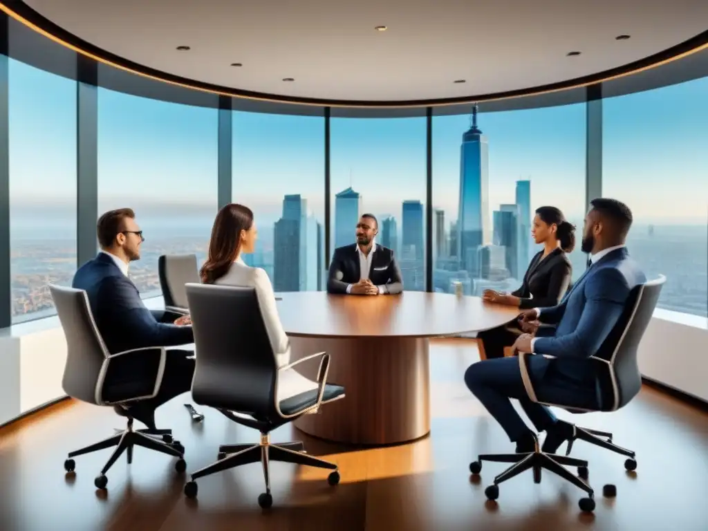 Negociación inmobiliaria ética en sala de juntas moderna Profesionales divers@s en una sala de juntas elegante con vista a la ciudad, discutiendo documentos junt@s