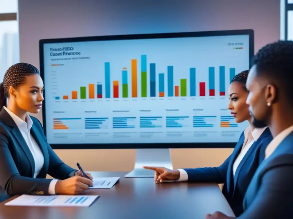 Reunión profesional: diversidad financiera en acción Profesionales discuten documentos financieros con gráficos en pantalla, en un entorno colaborativo