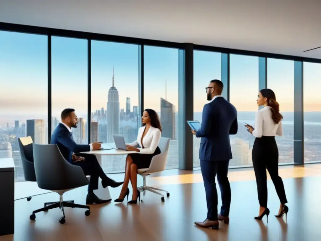 Innovadora colaboración financiera en oficina contemporánea Profesionales debatiendo documentos financieros en oficina moderna con vista a la ciudad