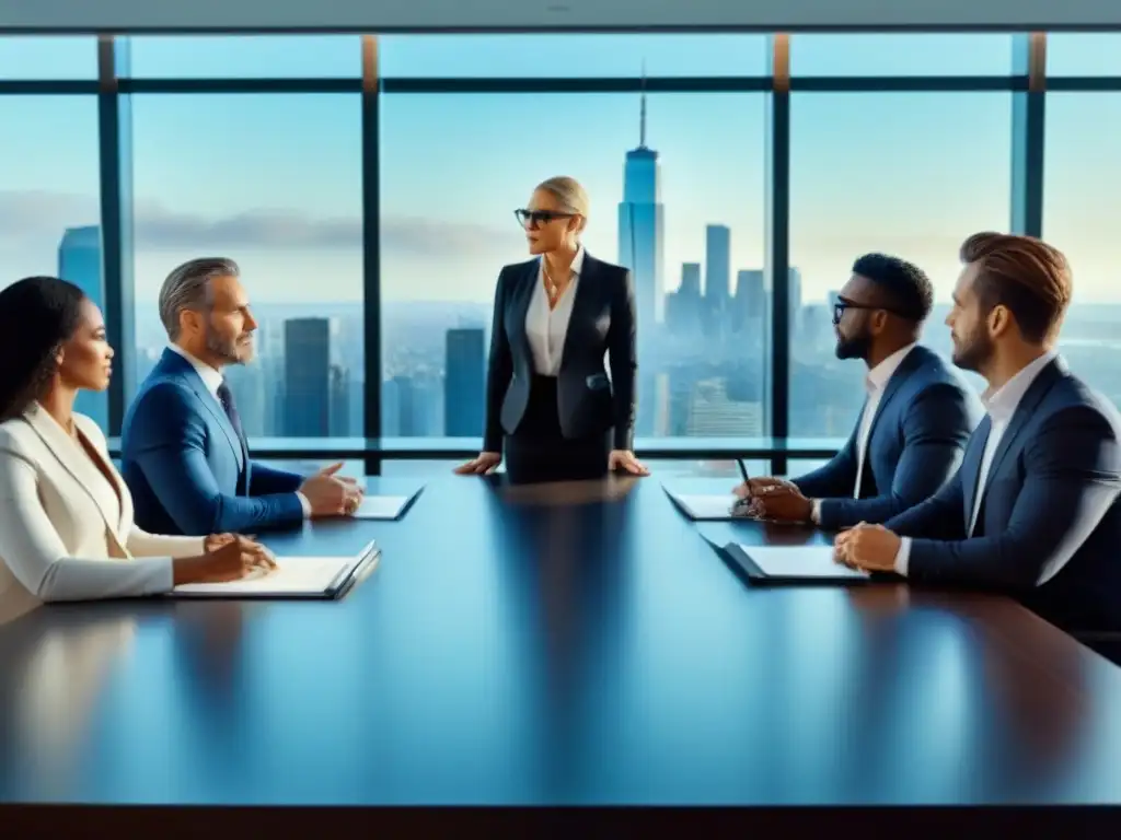 Profesionales diversificados discuten documentos en oficina moderna Profesionales discutiendo documentos financieros en una oficina moderna con vista a la ciudad