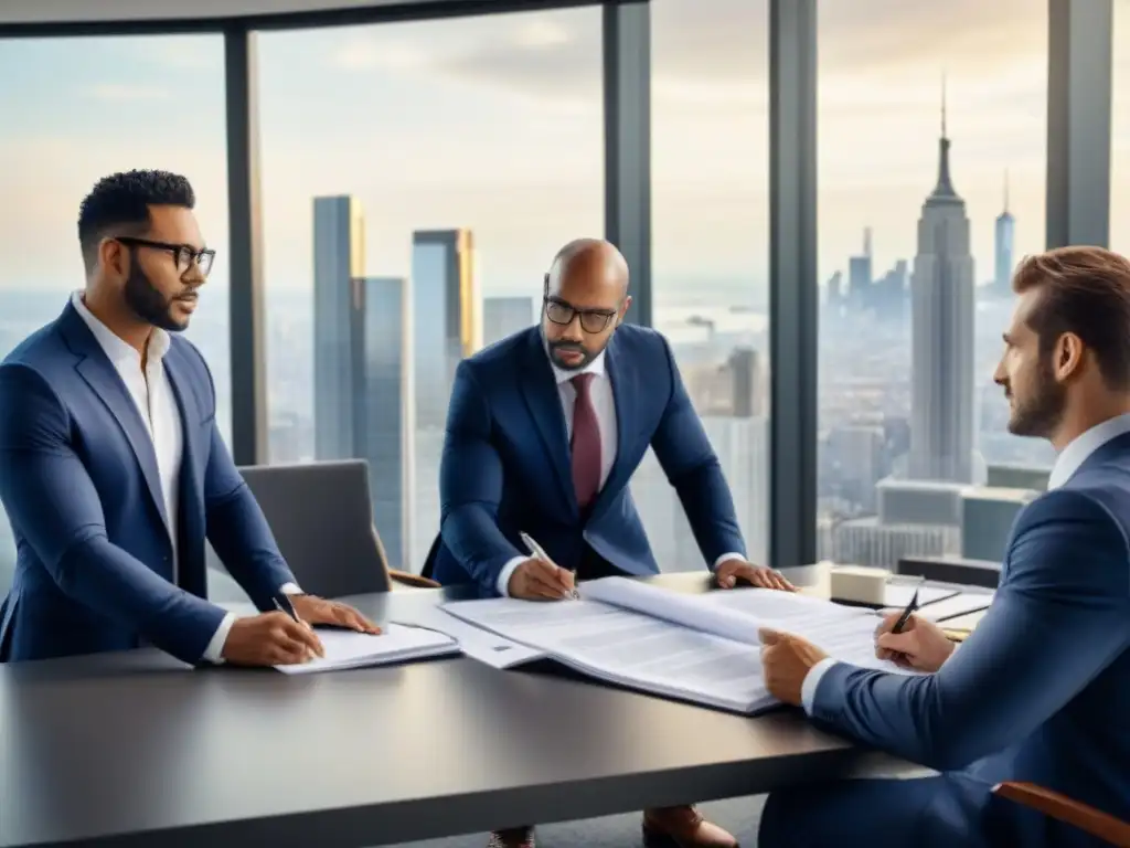 Equipo profesional discutiendo proyecto de restauración inmobiliaria Profesionales discuten documentos legales y planos en reunión de proyectos inmobiliarios