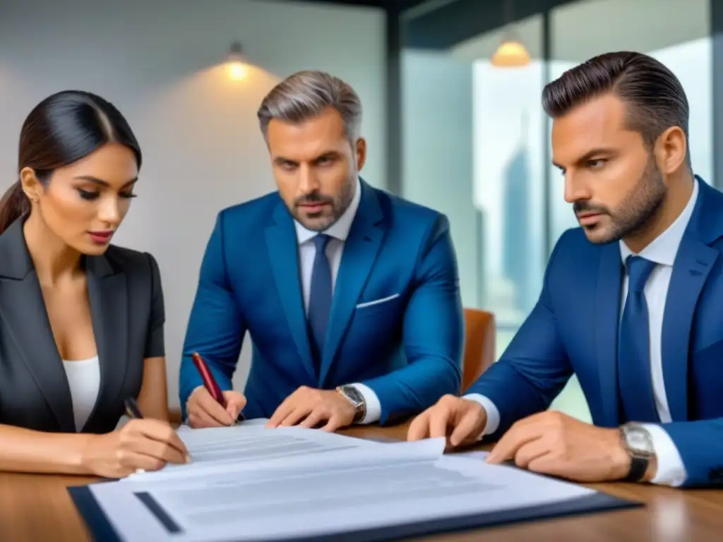 Examen minucioso de títulos de propiedad por expertos en oficina moderna Profesionales estudian minuciosamente documentos legales sobre títulos de propiedades en un moderno despacho