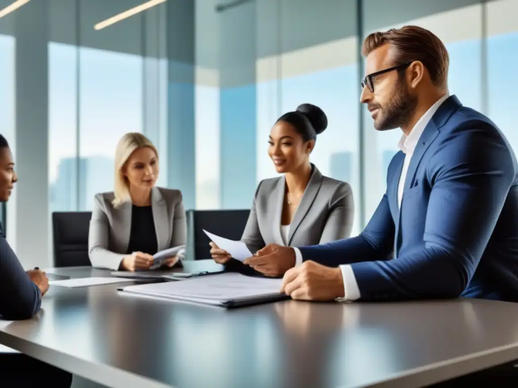 Profesionales expertos en inmobiliaria en reunión de negocios Profesionales discuten documentos y comparten llaves en una oficina moderna, transmitiendo confianza y eficiencia en comprar propiedades en remate