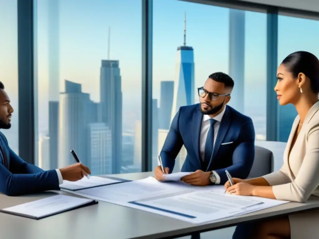 Profesionales expertos asegurando legalidad en transacciones inmobiliarias Profesionales debatiendo documentos y planos en una oficina elegante, con vista a la ciudad