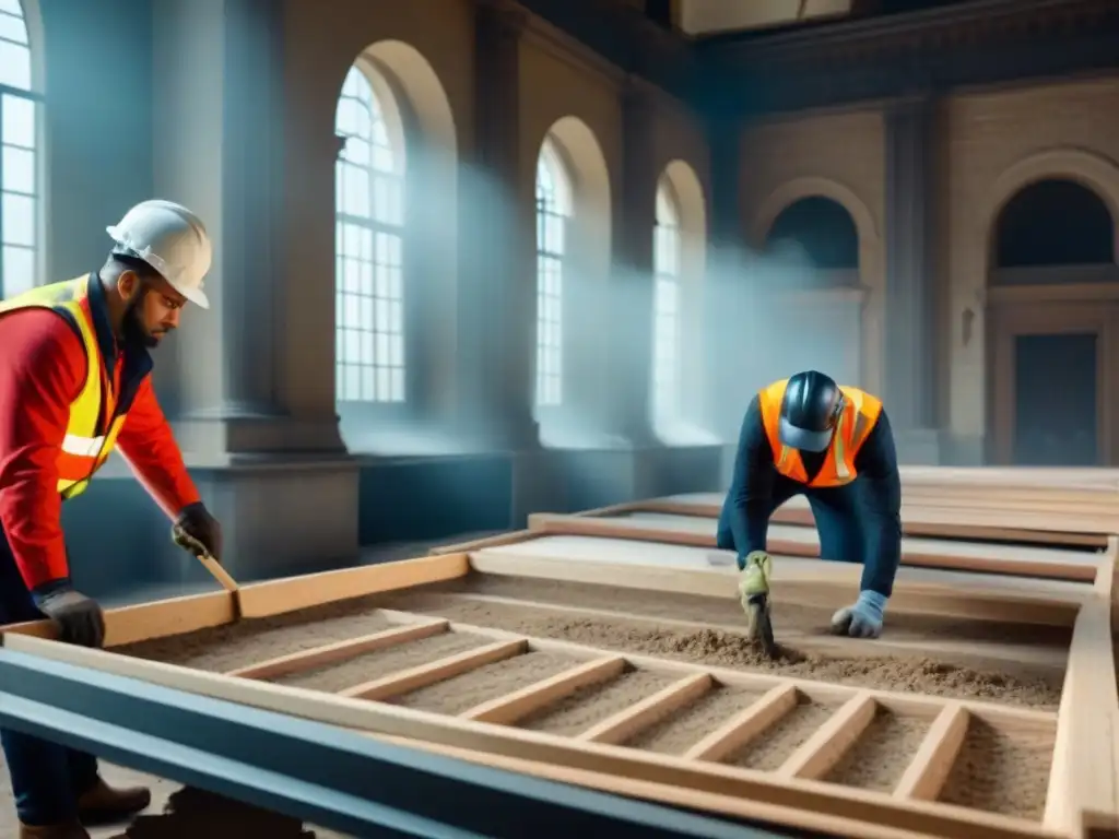 Equipo de ingenieros y arquitectos restaurando edificio histórico con materiales sostenibles Profesionales restaurando edificio histórico en riesgo con materiales sostenibles