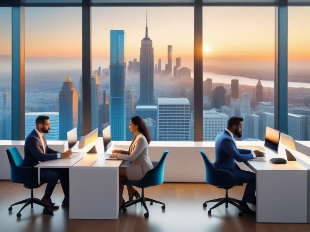 Profesionales investigan crowdfunding inmobiliario en oficina minimalista Profesionales evitando errores crowdfunding inmobiliario en oficina minimalista con vista a la ciudad