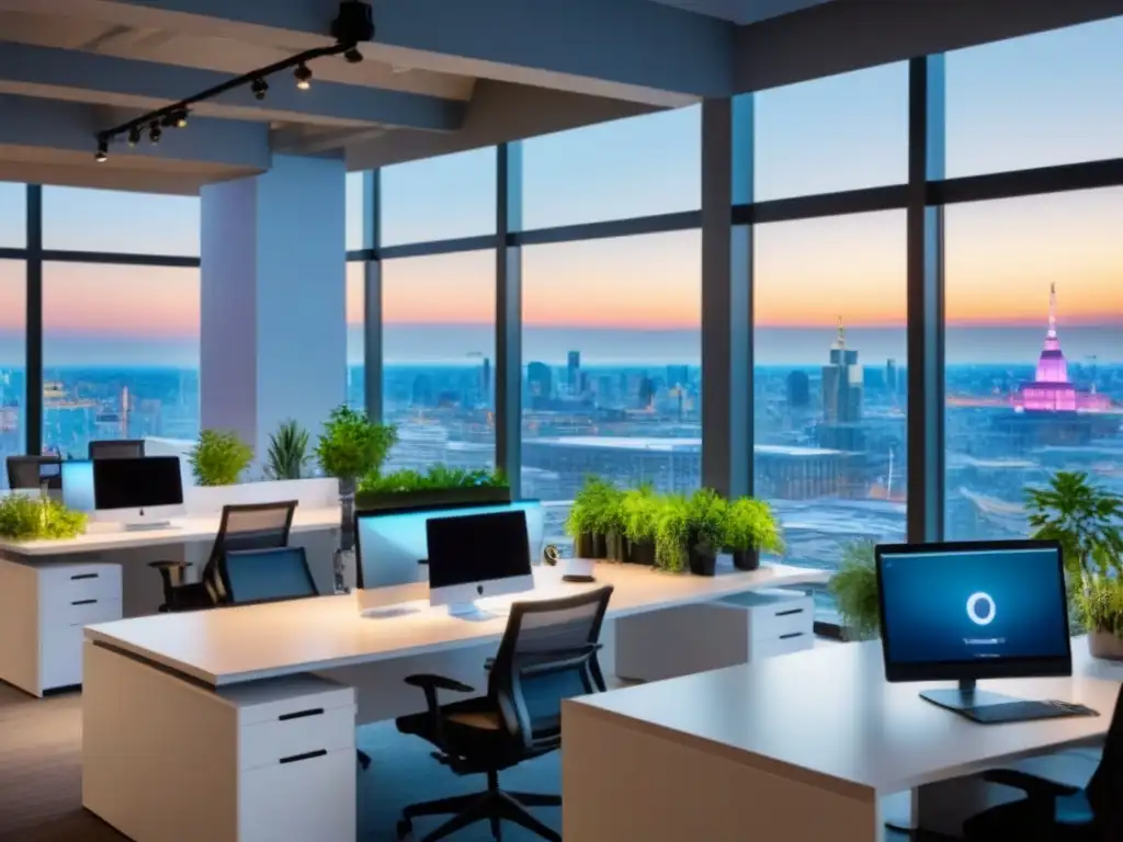 Espacio de coworking moderno y dinámico en ciudad Profesionales colaborando en un espacio de coworking moderno, con plantas, sillas ergonómicas y pantallas digitales