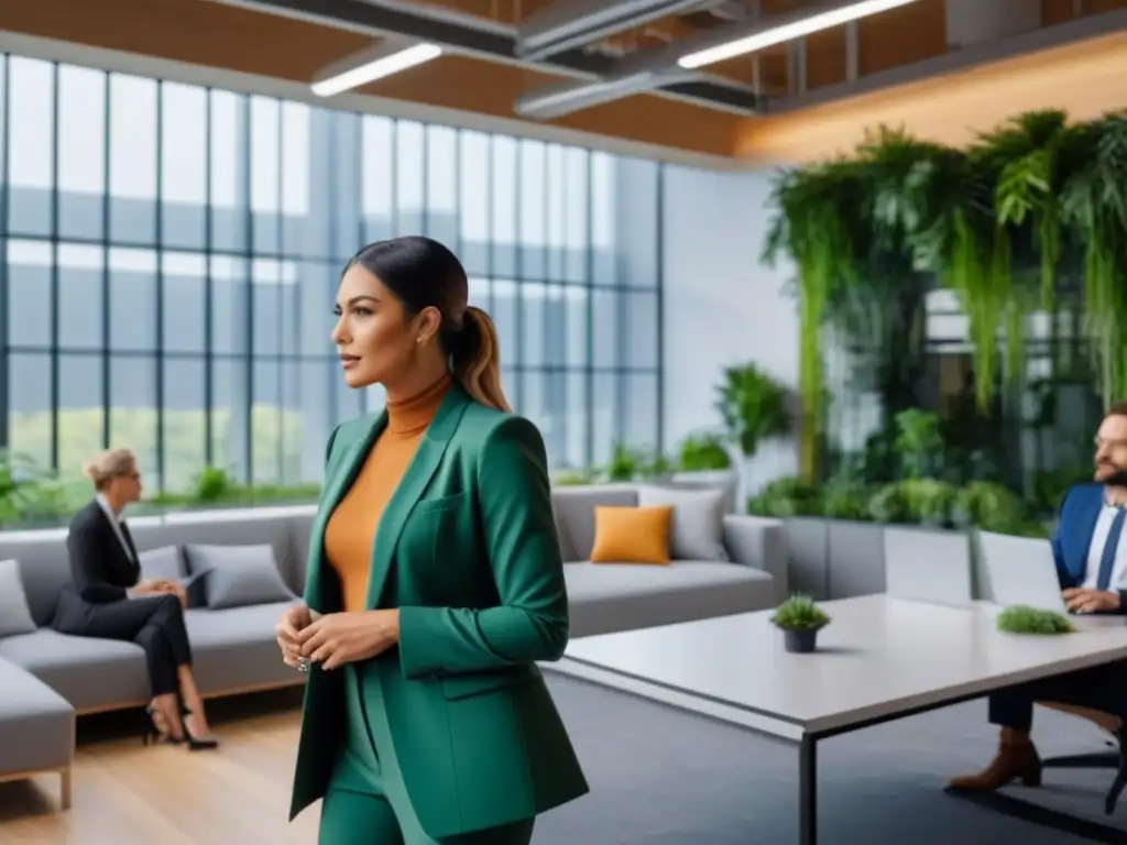 Espacio de coworking ultramoderno: colaboración y diversidad en acción Profesionales colaborando en un espacio de coworking ultramoderno, con plantas verdes y tecnología de vanguardia