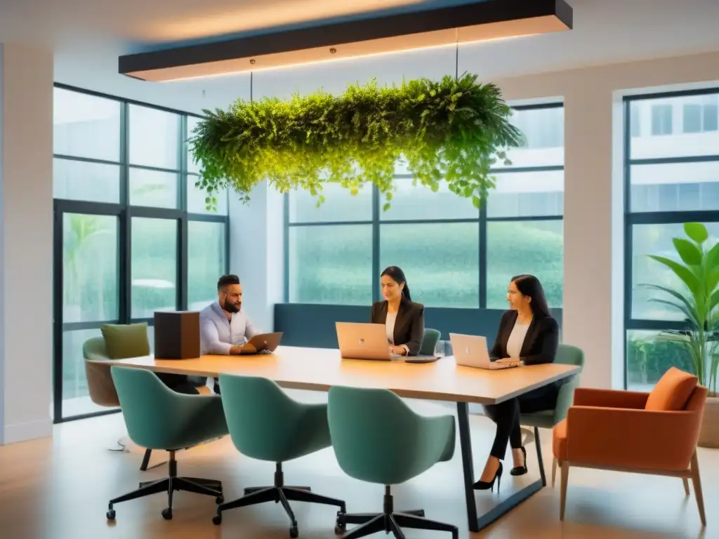 Espacio de coworking creativo y colaborativo en un entorno vibrante Profesionales colaboran en un espacio de coworking vibrante, reflejando las tendencias del futuro trabajo