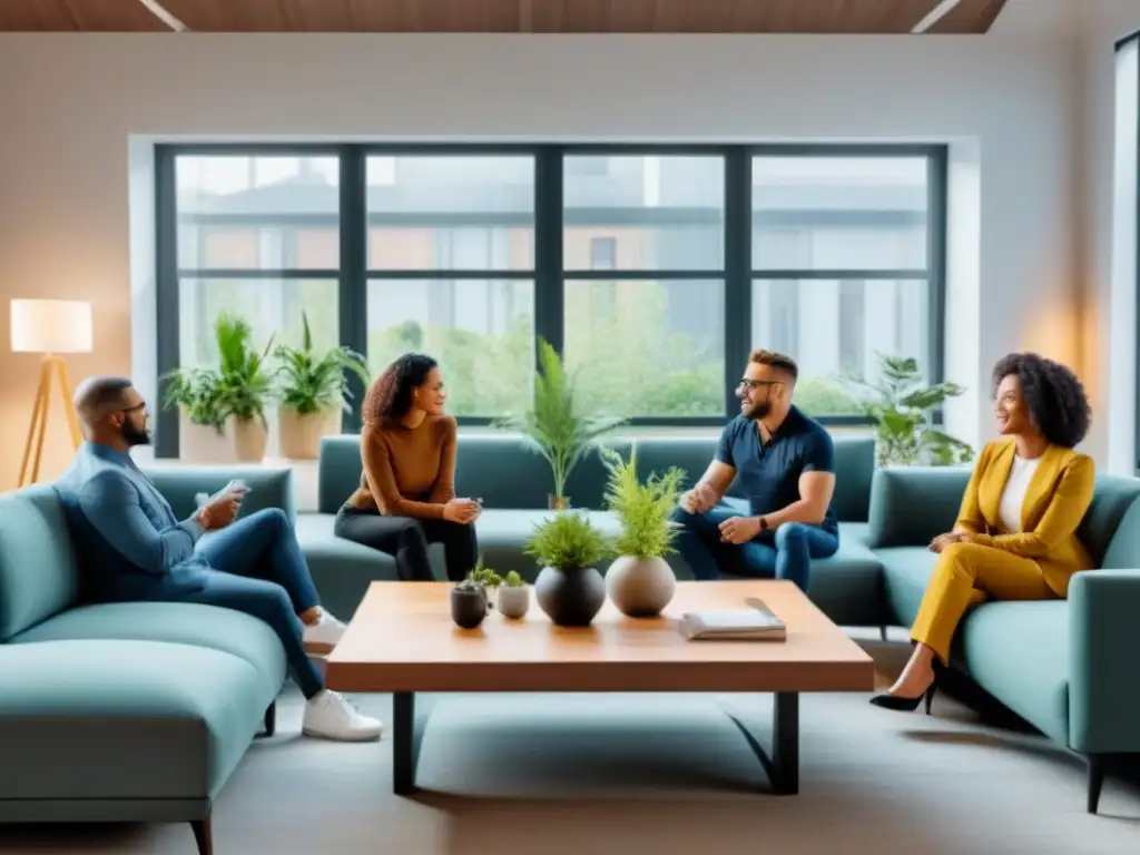 Profesionales colaborando en espacio coliving moderno Profesionales colaborando en un espacio de coliving moderno, destacando beneficios para la salud mental y el bienestar
