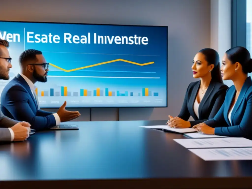 Conversación profesional: estrategias de inversión inmobiliaria Profesionales discutiendo estrategias de financiamiento de propiedades para inversores en sala moderna
