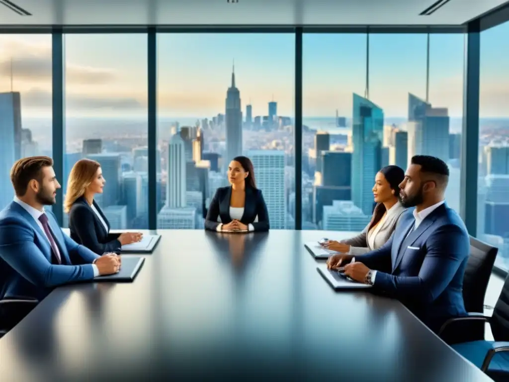 Profesionales diversificados discuten estrategias de inversión inmobiliaria en moderna oficina con vista urbana Profesionales discuten estrategias de inversión en bienes raíces en moderna oficina con vista a la ciudad