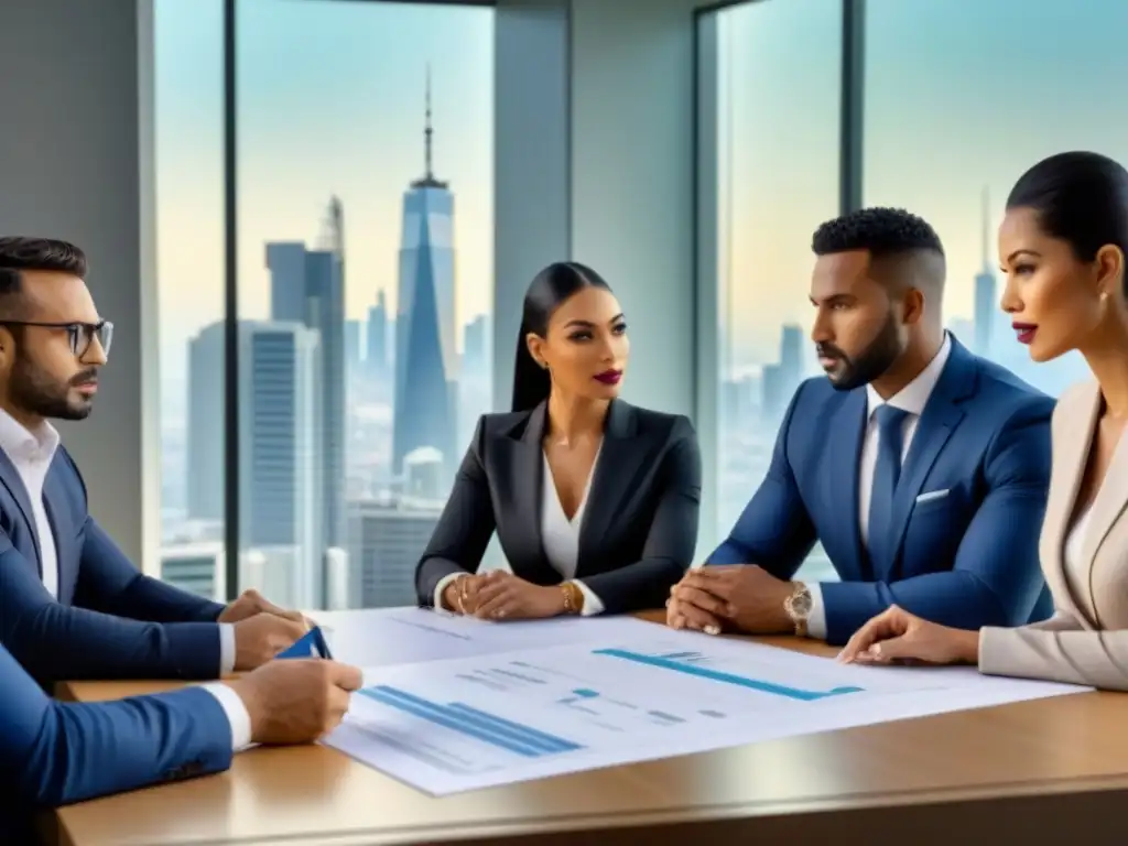 Profesionales diversificados debaten estrategias de inversión inmobiliaria Profesionales discutiendo estrategias de inversión inmobiliaria con planos y gráficos financieros, simbolizando la gestión de riesgos