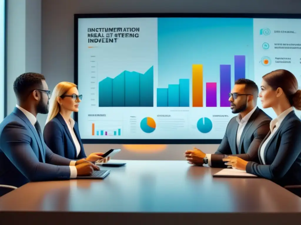 Innovación inmobiliaria: Estrategias de inversión en la sala de reuniones futurista Profesionales discuten estrategias de inversión inmobiliaria en un entorno futurista