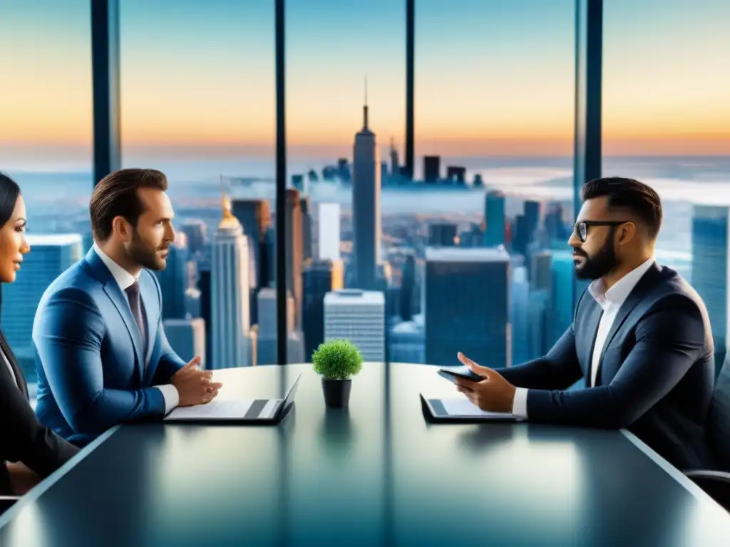 Reunión estratégica de profesionales en inversión inmobiliaria Profesionales debaten estrategias de inversión inmobiliaria en una sala moderna con vista a la ciudad