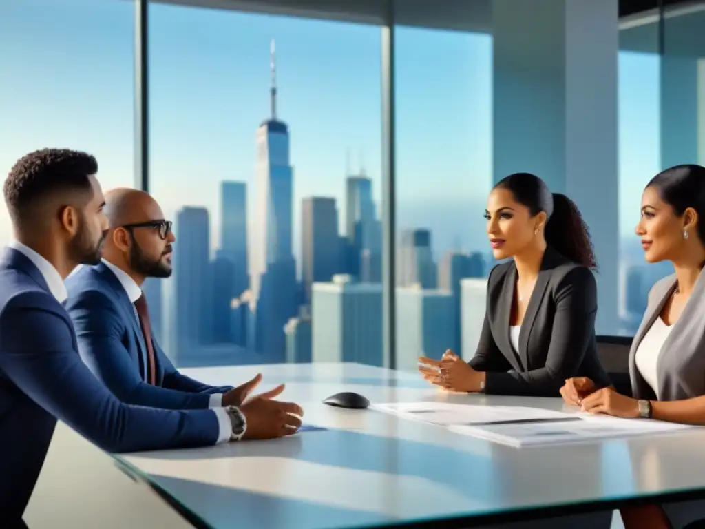 Profesionales diversificados planificando inversiones inmobiliarias en oficina moderna Profesionales debatiendo estrategias de inversión inmobiliaria con IRA en moderna oficina luminosa