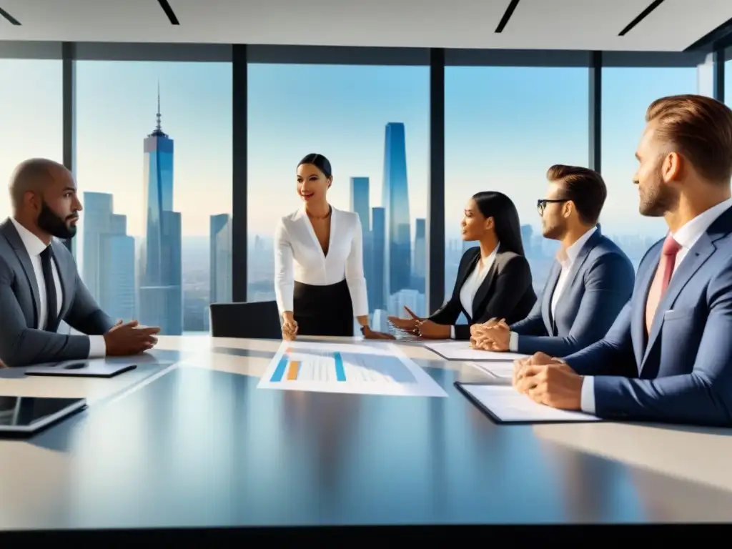 Reunión de profesionales en estrategias de inversión inmobiliaria Profesionales debatiendo estrategias de inversión inmobiliaria con un moderno fondo urbano