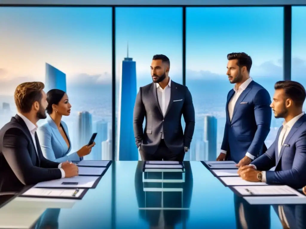 Inversión inmobiliaria innovadora en Latinoamérica Profesionales debatiendo estrategias de inversión inmobiliaria en moderna sala con vista a la ciudad en Sudamérica o el Caribe