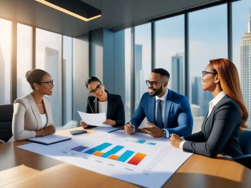 Profesionales debatiendo estrategias de inversión inmobiliaria Profesionales debaten estrategias de inversión inmobiliaria en oficina moderna