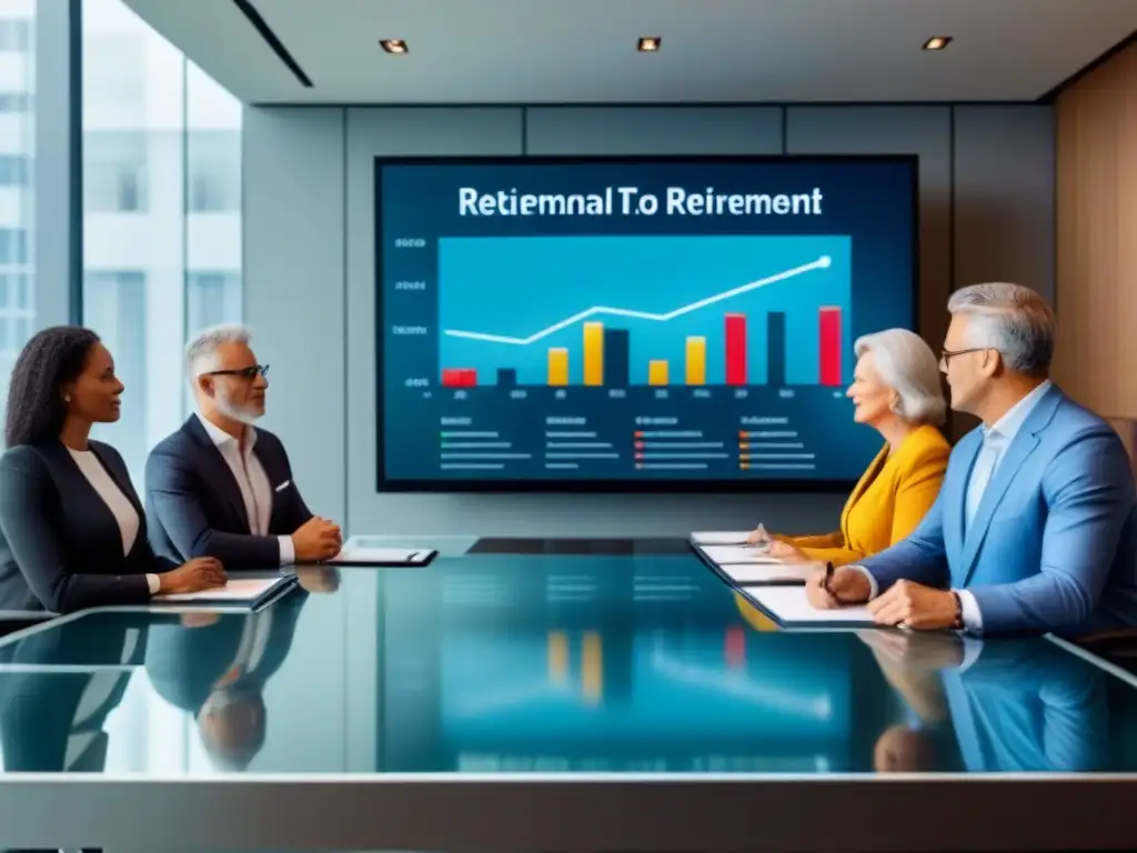 Profesionales expertos planifican inversión inmobiliaria para jubilación Profesionales discuten estrategias de inversión inmobiliaria para jubilación en moderna sala de juntas