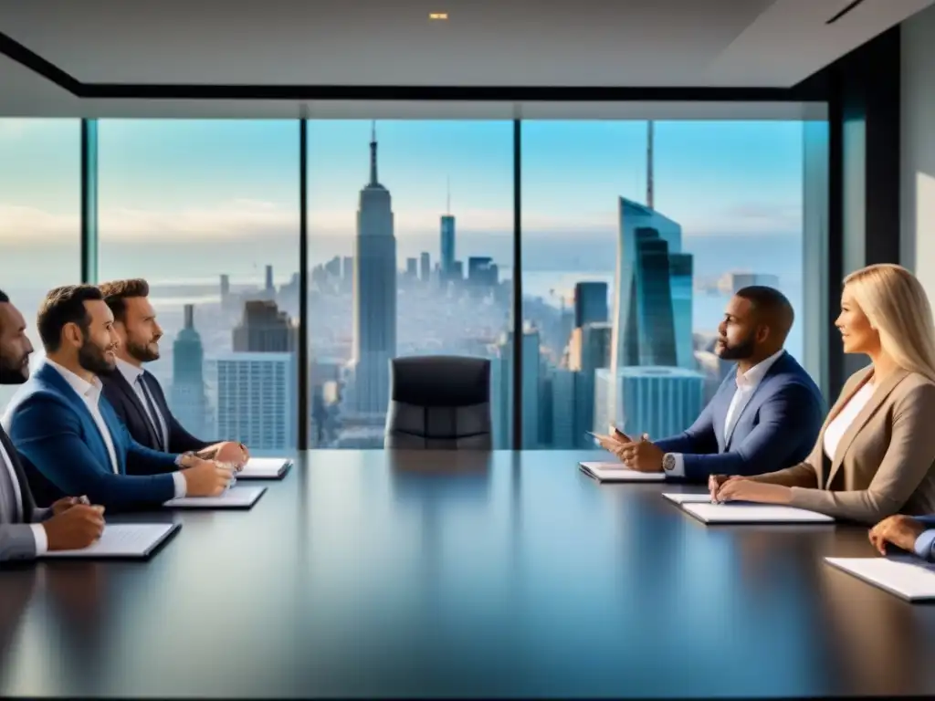 Profesionales discutiendo estrategias de inversión inmobiliaria internacional en un moderno boardroom Profesionales discuten estrategias de inversión inmobiliaria internacional en boardroom moderno y elegante