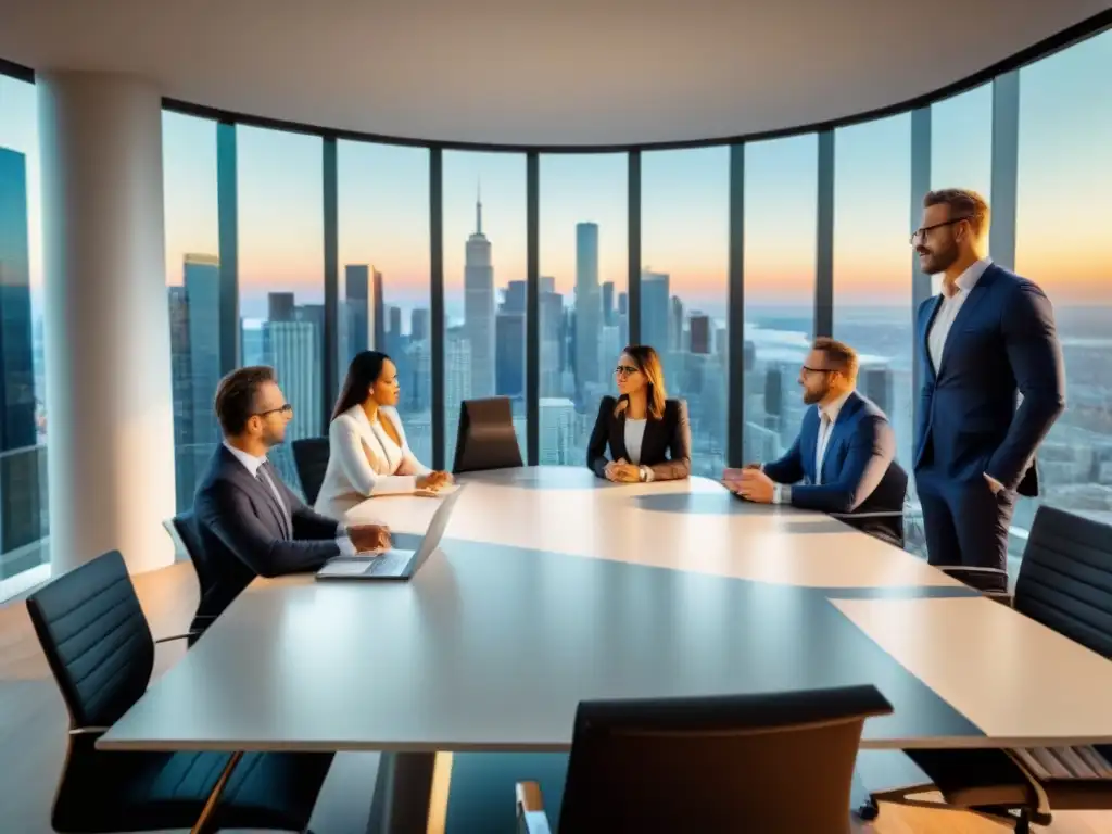 Profesionales expertos en inversión inmobiliaria en reunión estratégica Profesionales discuten estrategias de inversión inmobiliaria online en moderna sala de reuniones con impresionante vista urbana