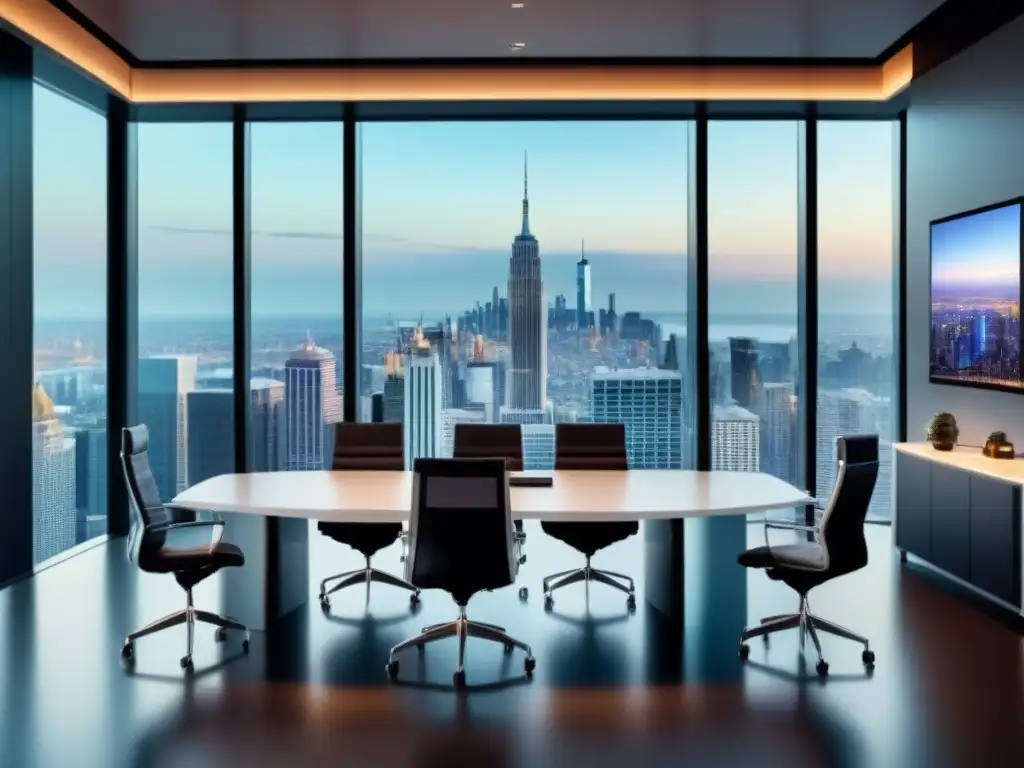 Sala de juntas de lujo con vista a la ciudad: estrategias de inversión inmobiliaria Profesionales discuten estrategias inversión inmobiliaria online en lujosa sala de juntas con vista a la ciudad