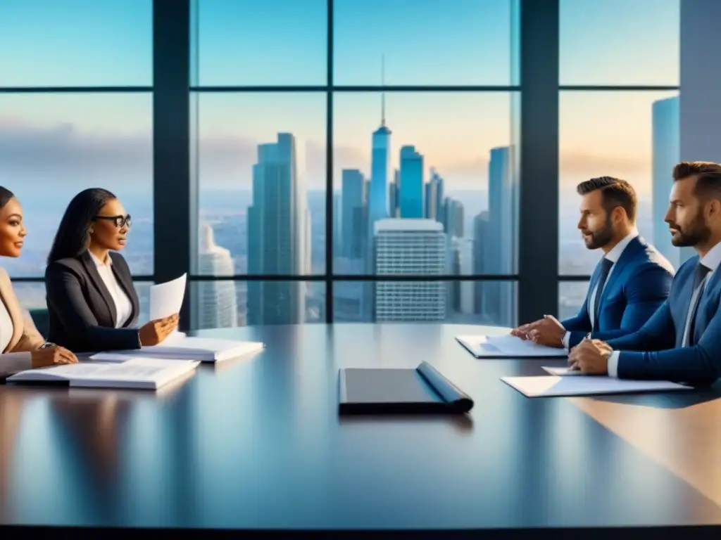Profesionales discutiendo estrategias de inversión inmobiliaria en sala moderna - Imagen 8k detallada Profesionales discuten estrategias de inversión inmobiliaria en una sala moderna y luminosa