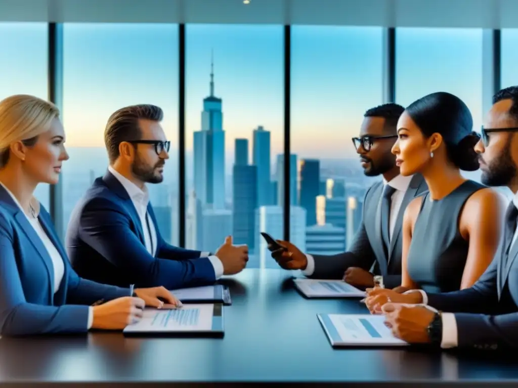 Profesionales diversificados debaten estrategias de inversión inmobiliaria en una sala de juntas moderna con vista a la ciudad y pantallas digitales Profesionales discuten estrategias de inversión inmobiliaria en moderna sala de juntas con vista a la ciudad y gráficos de crowdfunding
