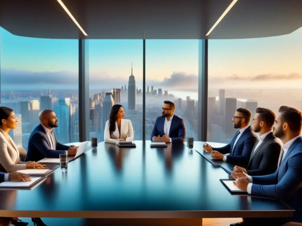 Profesionales debaten estrategias de inversión en sala futurista Profesionales discuten estrategias de inversión en un moderno espacio con tecnología futurista, vista a la ciudad