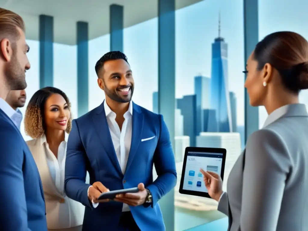 Profesionales discuten estrategias de inversión inmobiliaria Profesionales discutiendo estrategias de inversión en propiedades a través de crowdfunding en una oficina moderna