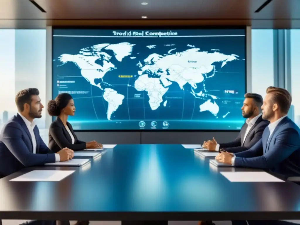 Profesionales debatiendo estrategias de inversión inmobiliaria global Profesionales debaten estrategias de inversiones inmobiliarias internacionales, con mapa mundial de fondo