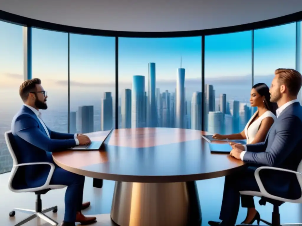 Profesionales diversificados discuten estrategias de inversión inmobiliaria en ultradetallada imagen 8k de elegante sala de juntas con vista panorámica a la ciudad Profesionales debaten estrategias de inversiones inmobiliarias internacionales en sala de juntas con vista panorámica y tecnología avanzada