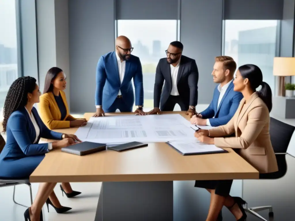 Profesionales colaborando en moderna oficina para proyectos de restauración Profesionales debatiendo estrategias legales para prevenir conflictos en restauración