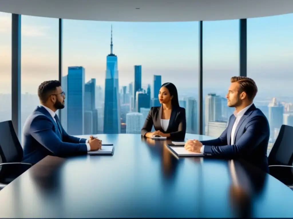 Reunión de negocios global en oficina moderna Profesionales discuten estrategias de diversificación inversión mercado inmobiliario internacional en moderna oficina con vista panorámica ciudad