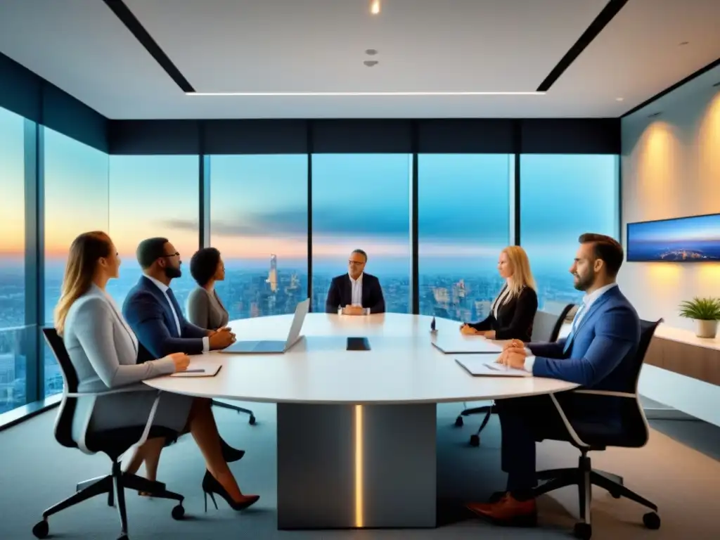 Reunión estratégica de expertos en inversión inmobiliaria Profesionales discuten estrategias de inversión en moderna sala de juntas con vista panorámica de la ciudad