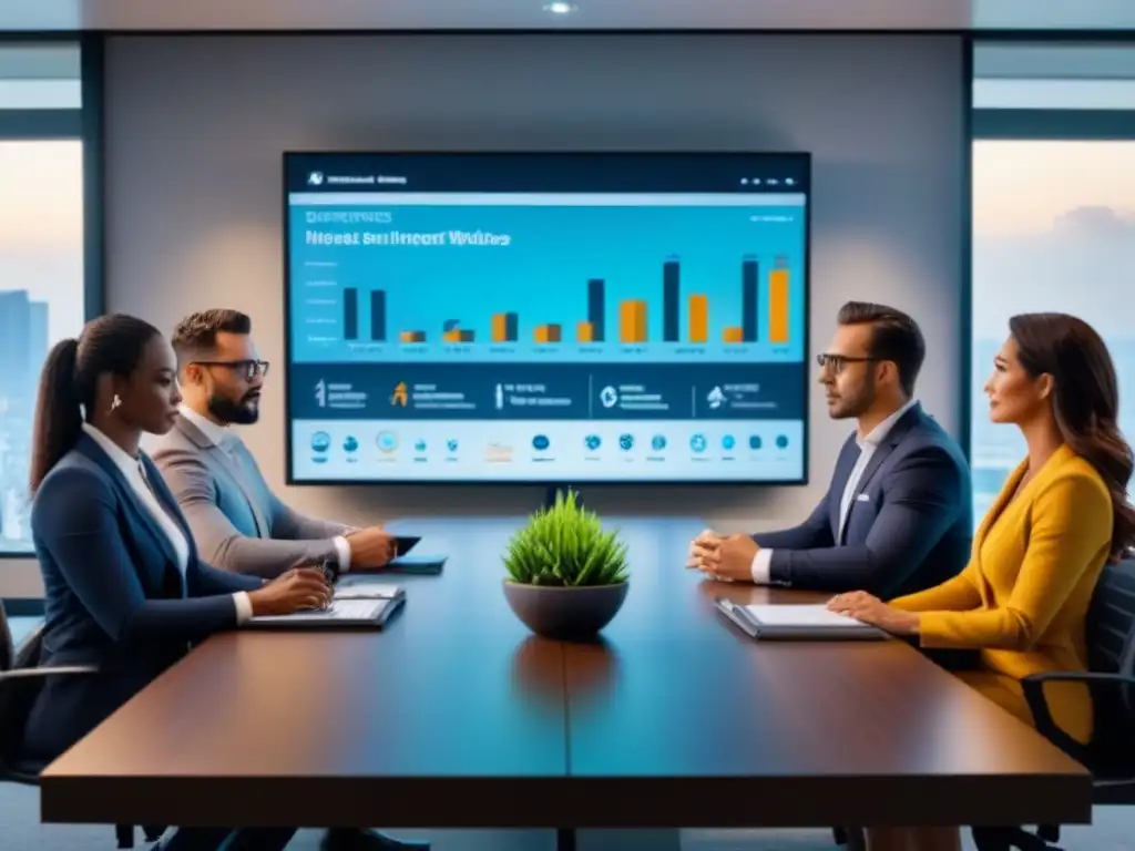 Profesionales diversificados analizan mercado inmobiliario Profesionales discutiendo estrategias para minimizar riesgo inversión inmobiliaria en moderna oficina