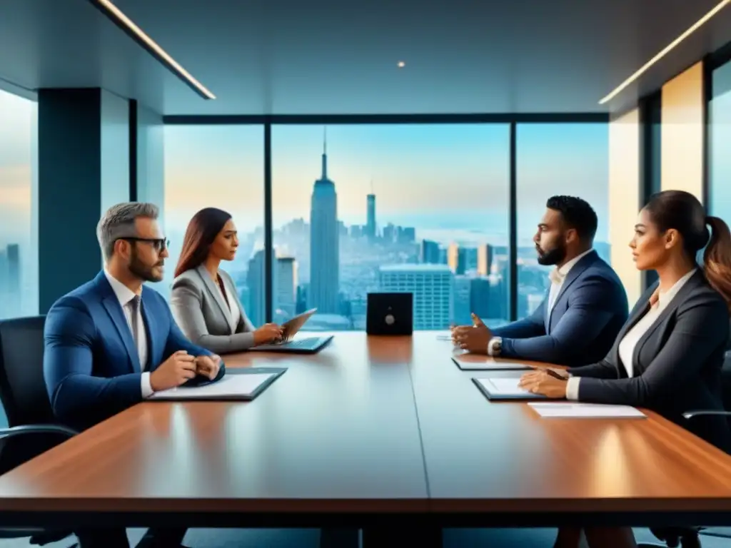 Profesionales debaten estrategias de gestión de riesgos en oficina moderna Profesionales discuten estrategias de gestión de riesgos en inversión inmobiliaria en una moderna oficina