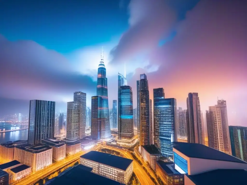 Skyline nocturno: innovación en inversión sostenible Profesionales debatiendo estrategias de inversión sostenible entre rascacielos iluminados de una vibrante ciudad nocturna