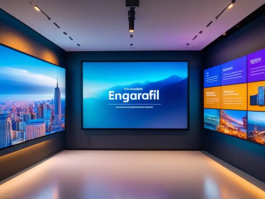 Innovadoras estrategias de compromiso en el espacio comercial del futuro Profesionales y estudiantes debaten estrategias de engagement inmobiliario en un espacio futurista con pantallas digitales interactivas