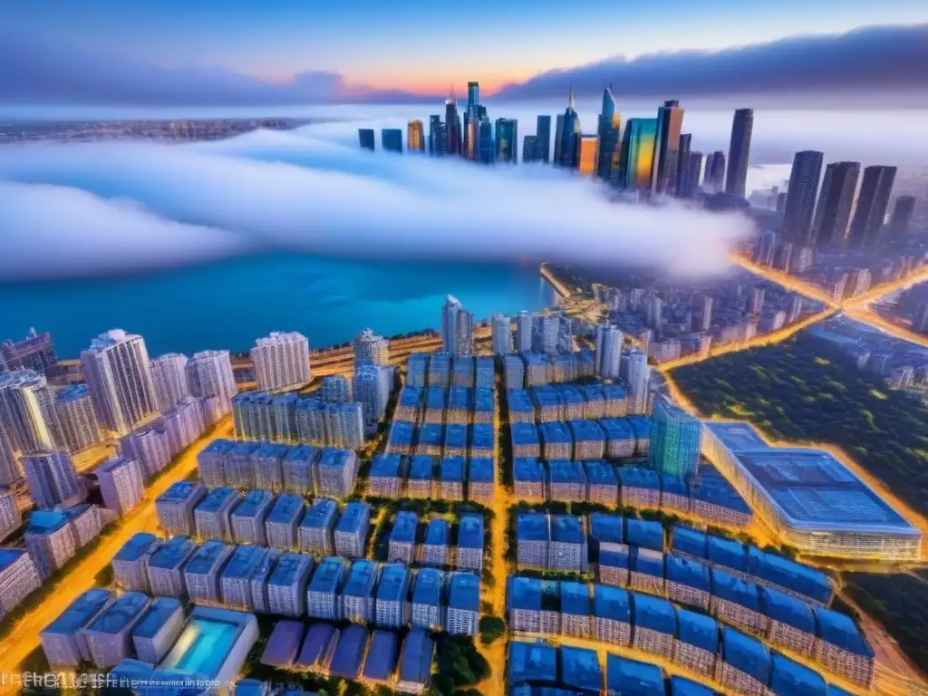 Metrópolis vibrante: skyline moderno y dinámico Profesionales éticos en el mercado inmobiliario: vista aérea de una ciudad moderna con rascacielos y edificios altos