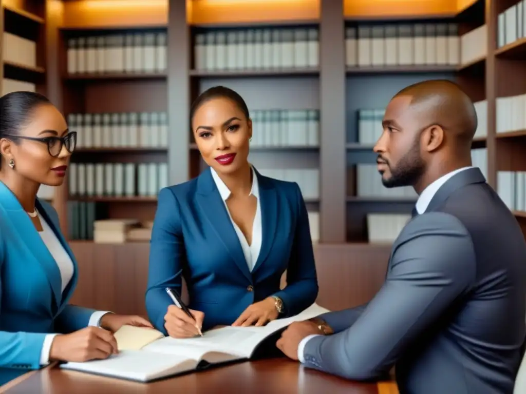 Profesionales multiculturales en bufete de abogados moderno Profesionales de diferentes etnias en una oficina legal, discutiendo documentos, rodeados de libros y papeles